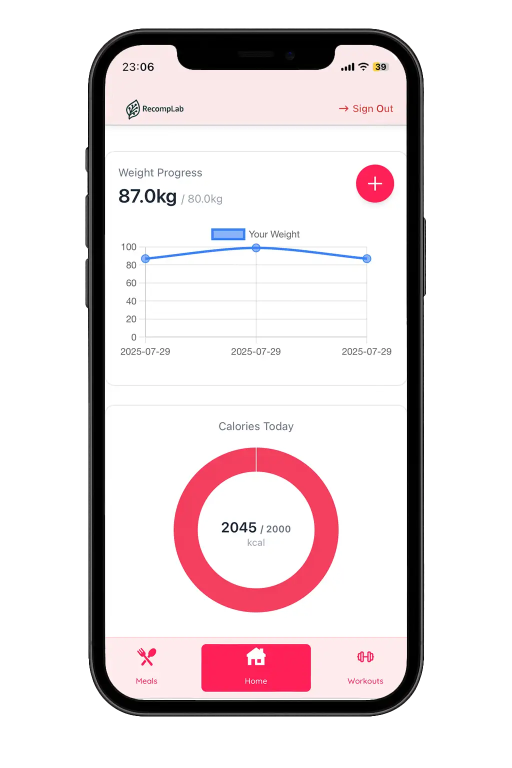 Screenshot of custom workout builder interface