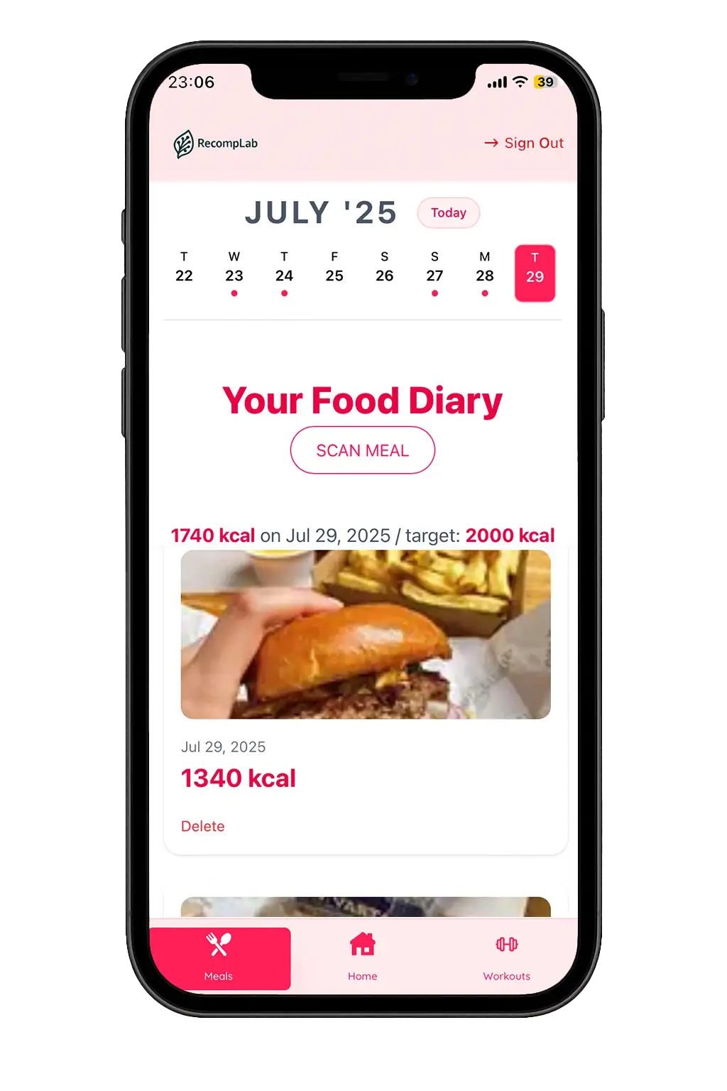 Example of progress tracking screen showing past workouts and weights